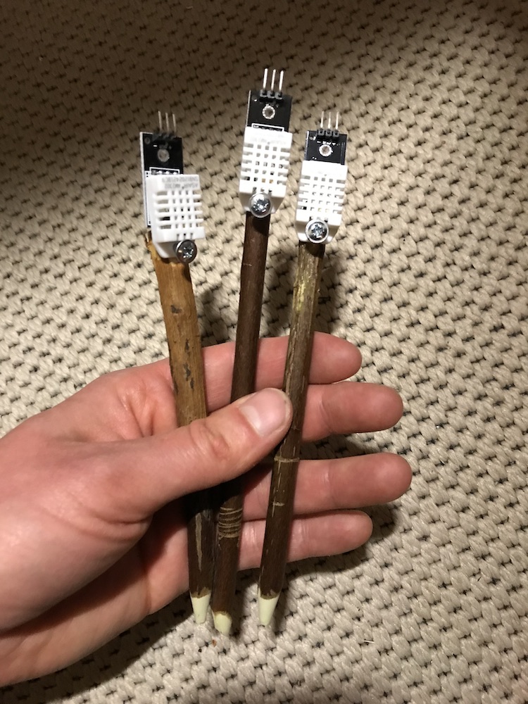 Photograph of a hand holding three AM2302 temperature and humidity sensors applied to wooden sticks.